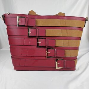 Dasein Red Buckle Tote Handbag Womens Faux Leather Shoulder Bag